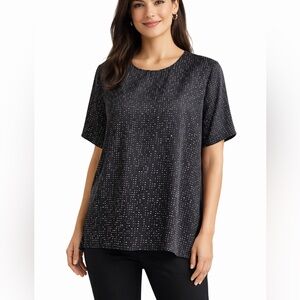 Eileen Fisher Petite Size 16 Short Sleeve Lined Blouse Shirt Crew Neck Slits Hem